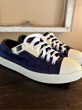 Prada Navy and White Low-Top Sneakers